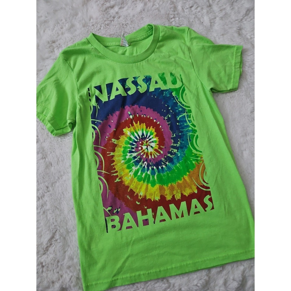 Vintage Style Nassau Bahamas Neon Green Tie Dye Spiral Graphic Tee S